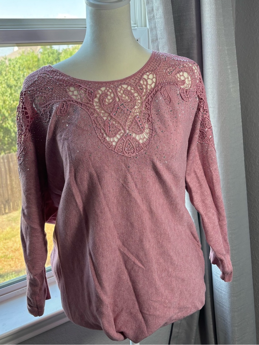 Women's Crochet Yoke Long Sleeve Top - Mauve Pink